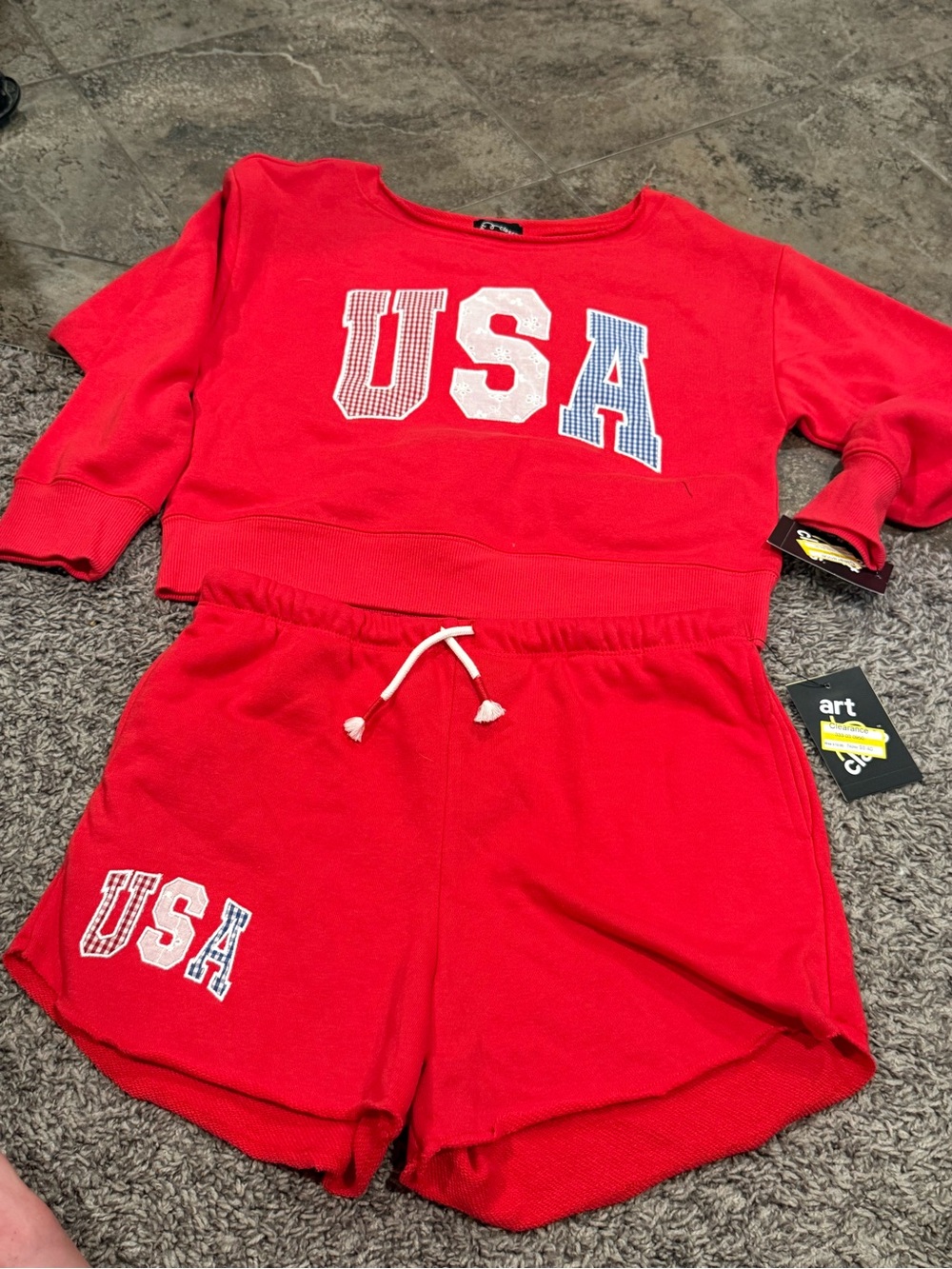 🐻Red USA Graphic Kids patchwork Shorts and long sleeve outfit Set top M shorts L